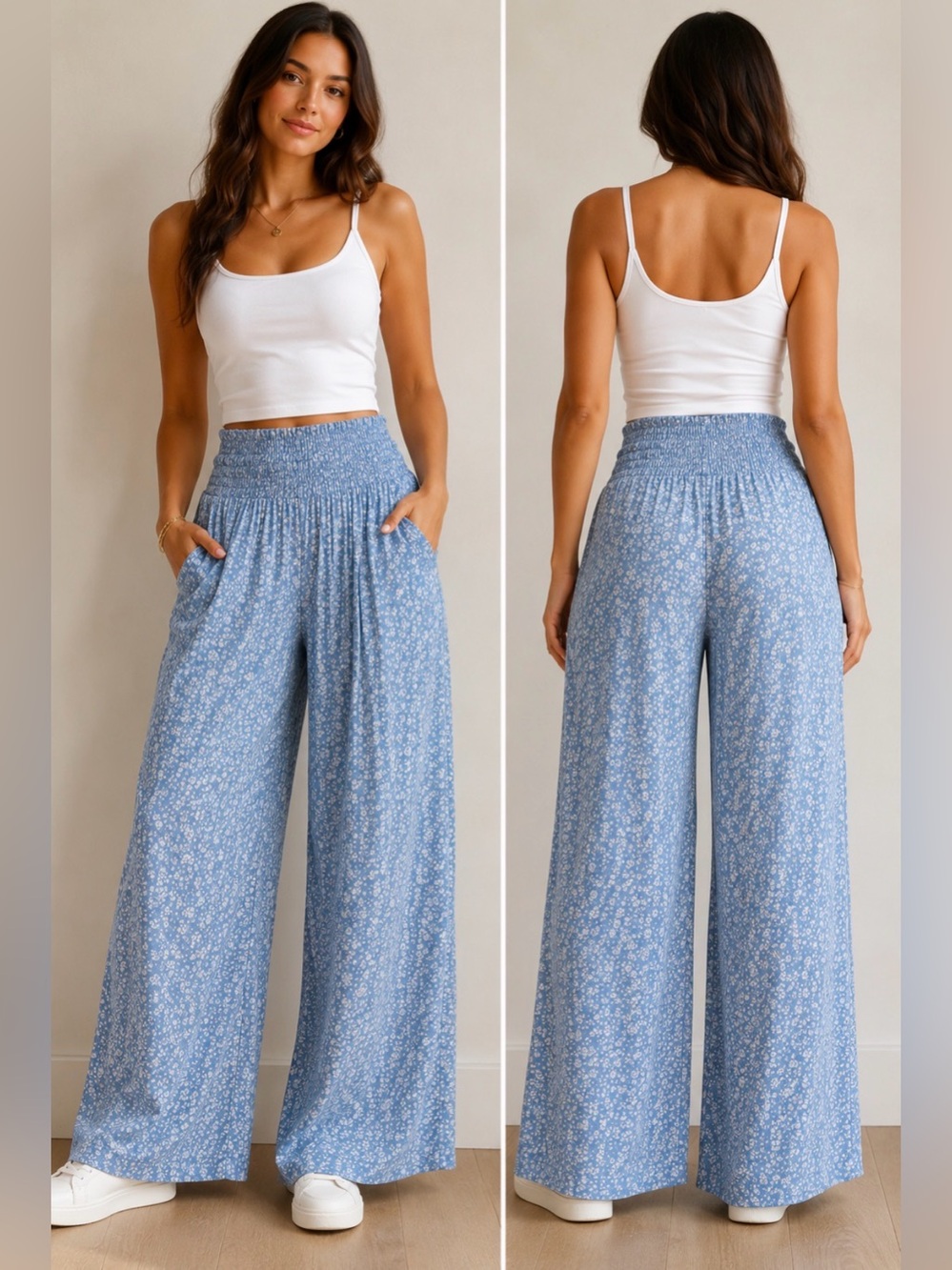 American Eagle High Rise Wide Leg Blue Ditsy Floral Denim Pants Smocked Waist L